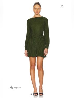 Michael Stars Olive Green Ribbed Tie-Waist Long-Sleeve Mini Dress new with tags